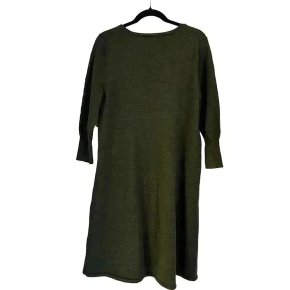 Lands End Merino Wool Blend Midi Knit Dress 3/4 Sleeves Dark Green Size Large - Picture 2 of 8